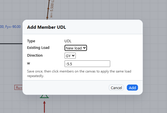 Member load popup for adding a UDL in NextForm 2D Frame.